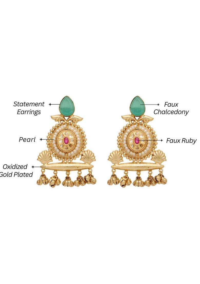 Gold-Plated Artificial Stones Studded Contemporary Shaped Drop Earrings for Women | Traditional Ethnic Jewellery for Wedding & Festive Wear | Gift for Her - Indya