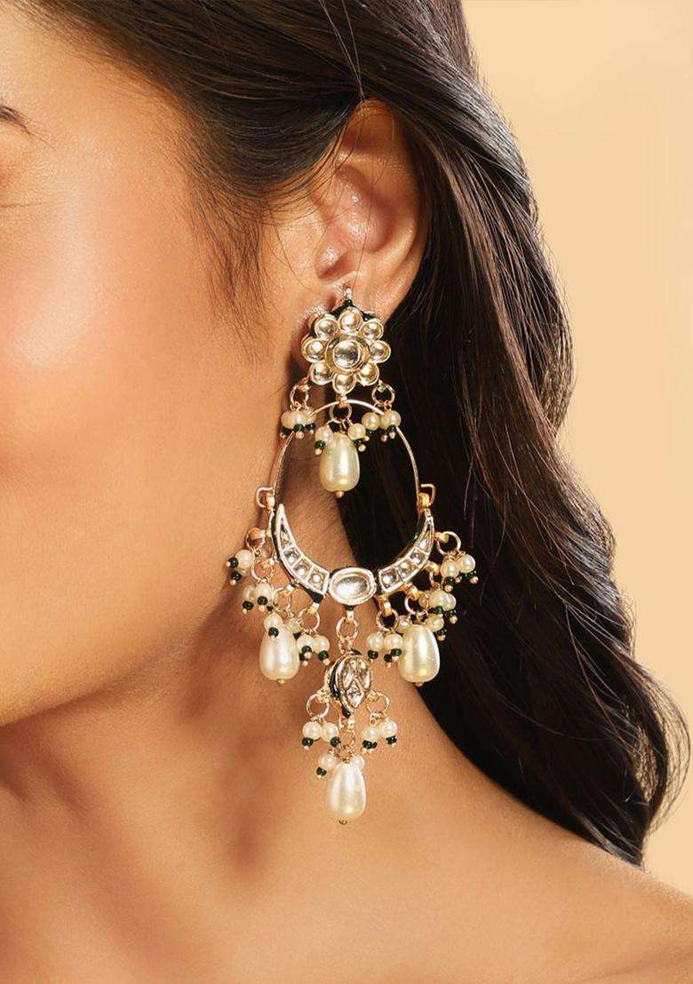 Gold-Plated Contemporary Chandbalis Earrings with Kundan for Women | Traditional Ethnic Jewellery for Wedding & Festive Wear | Gift for Her - Indya