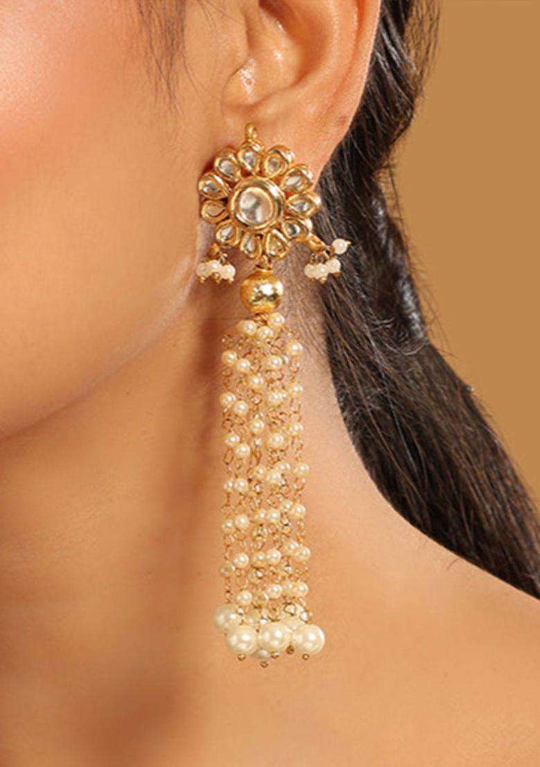 22K Gold-Plated Pearls Studded Contemporary Shaped Drop Earrings for Women | Traditional Ethnic Jewellery for Wedding & Festive Wear | Gift for Her - Indya
