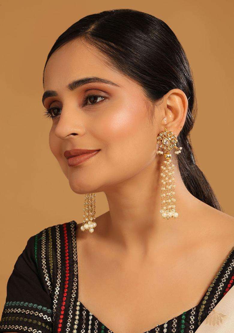 22K Gold-Plated Pearls Studded Contemporary Shaped Drop Earrings for Women | Traditional Ethnic Jewellery for Wedding & Festive Wear | Gift for Her - Indya