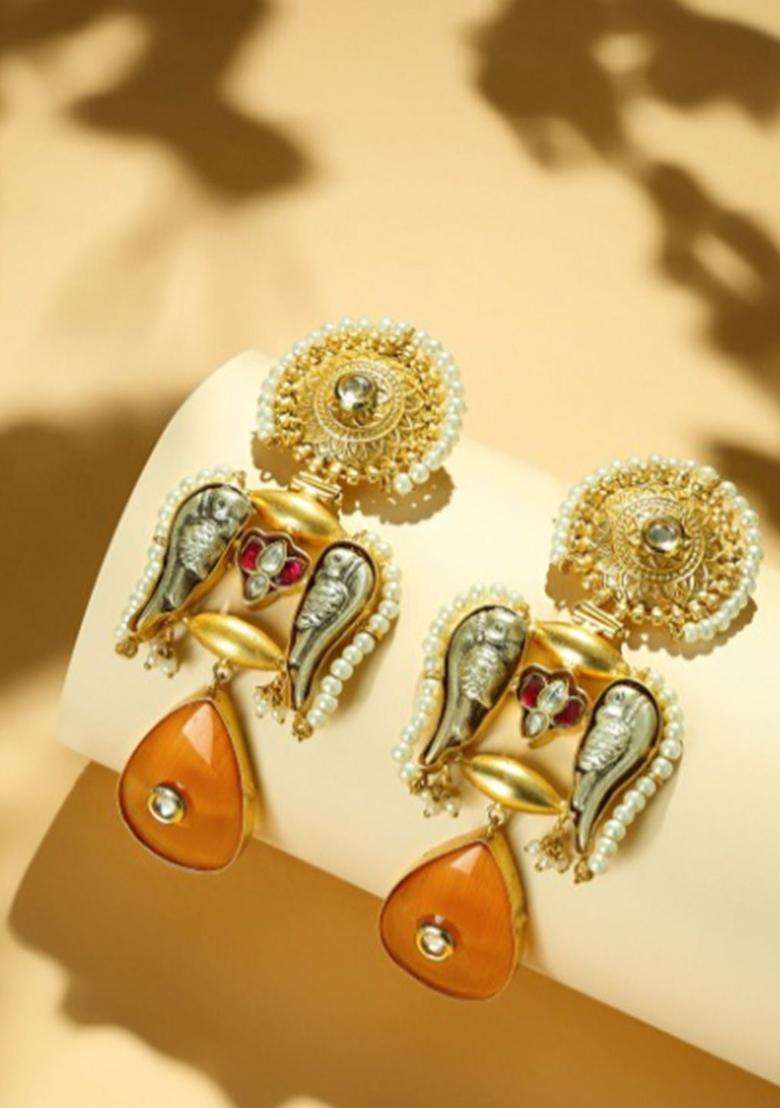 18K Gold-Plated Semi Precious Stone Studded Anti Tarnish Peacock Dangler Earrings for Women | Traditional Ethnic Jewellery for Wedding & Festive Wear | Gift for Her - Indya