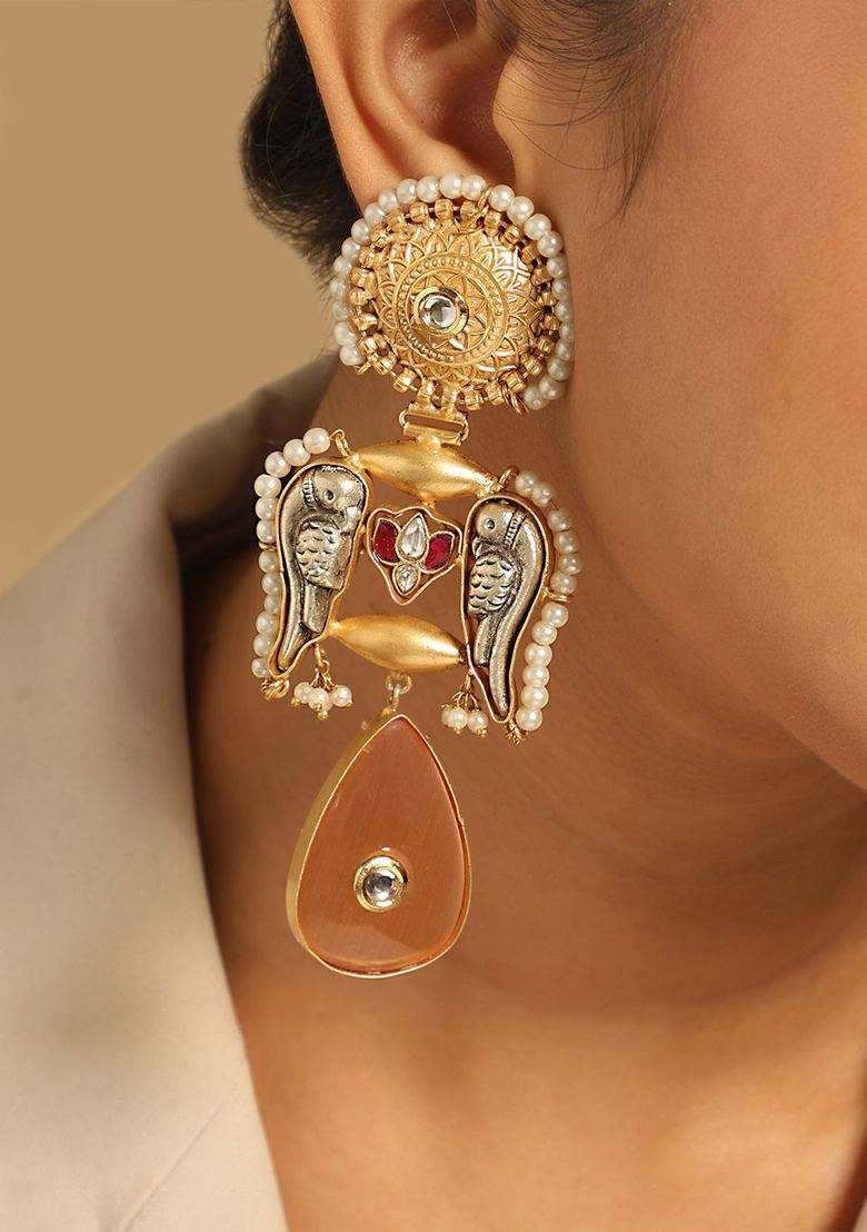 18K Gold-Plated Semi Precious Stone Studded Anti Tarnish Peacock Dangler Earrings for Women | Traditional Ethnic Jewellery for Wedding & Festive Wear | Gift for Her - Indya