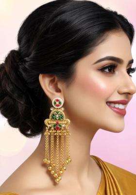 Gold Peacock Design Ghungroo Kashmiri Drop Earrings with Kundan for Women | Traditional Ethnic Jewellery for Wedding & Festive Wear | Gift for Her