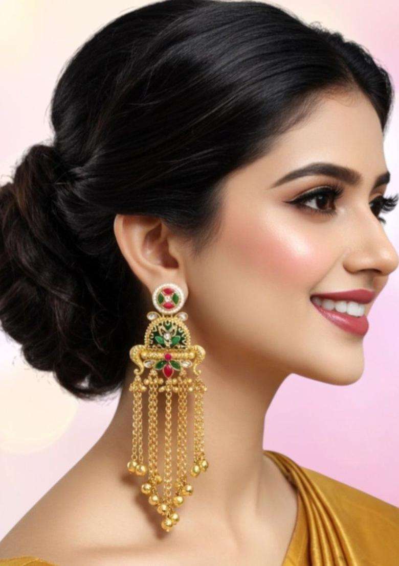 Gold Peacock Design Ghungroo Kashmiri Drop Earrings with Kundan for Women | Traditional Ethnic Jewellery for Wedding & Festive Wear | Gift for Her - Indya