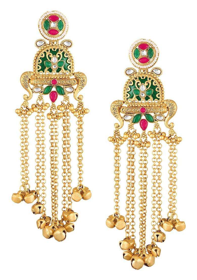 Gold Peacock Design Ghungroo Kashmiri Drop Earrings with Kundan for Women | Traditional Ethnic Jewellery for Wedding & Festive Wear | Gift for Her - Indya