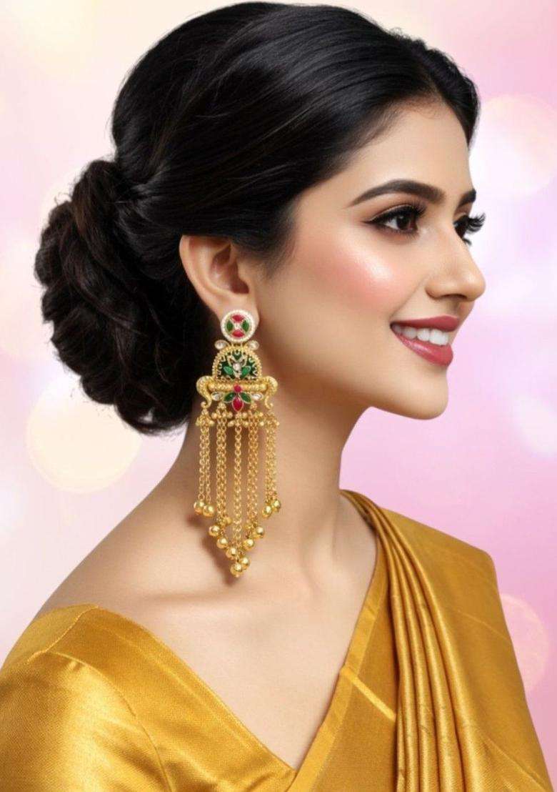 Gold Peacock Design Ghungroo Kashmiri Drop Earrings with Kundan for Women | Traditional Ethnic Jewellery for Wedding & Festive Wear | Gift for Her - Indya