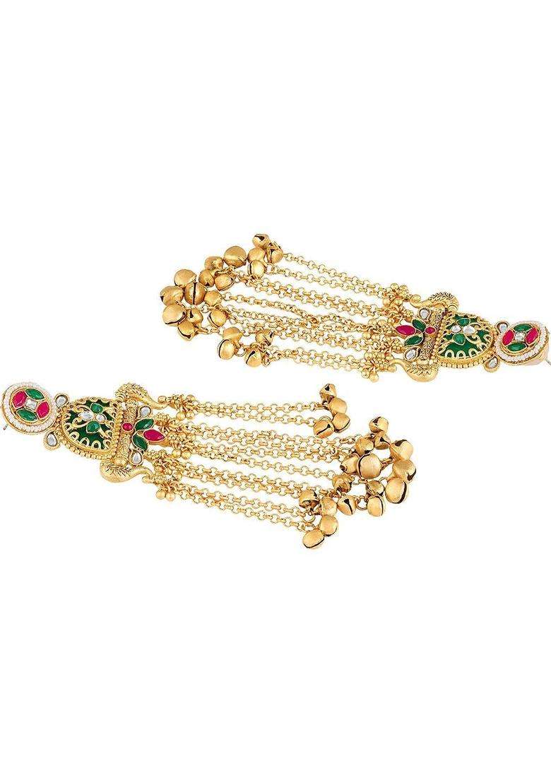 Gold Peacock Design Ghungroo Kashmiri Drop Earrings with Kundan for Women | Traditional Ethnic Jewellery for Wedding & Festive Wear | Gift for Her - Indya