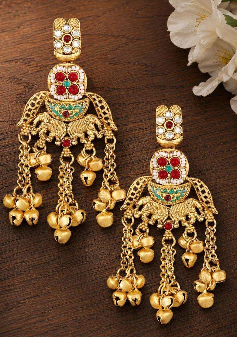 Gold Elephant Design Ghungroo Kashmiri Drop Earrings for Women | Traditional Ethnic Jewellery for Wedding & Festive Wear | Gift for Her - Indya