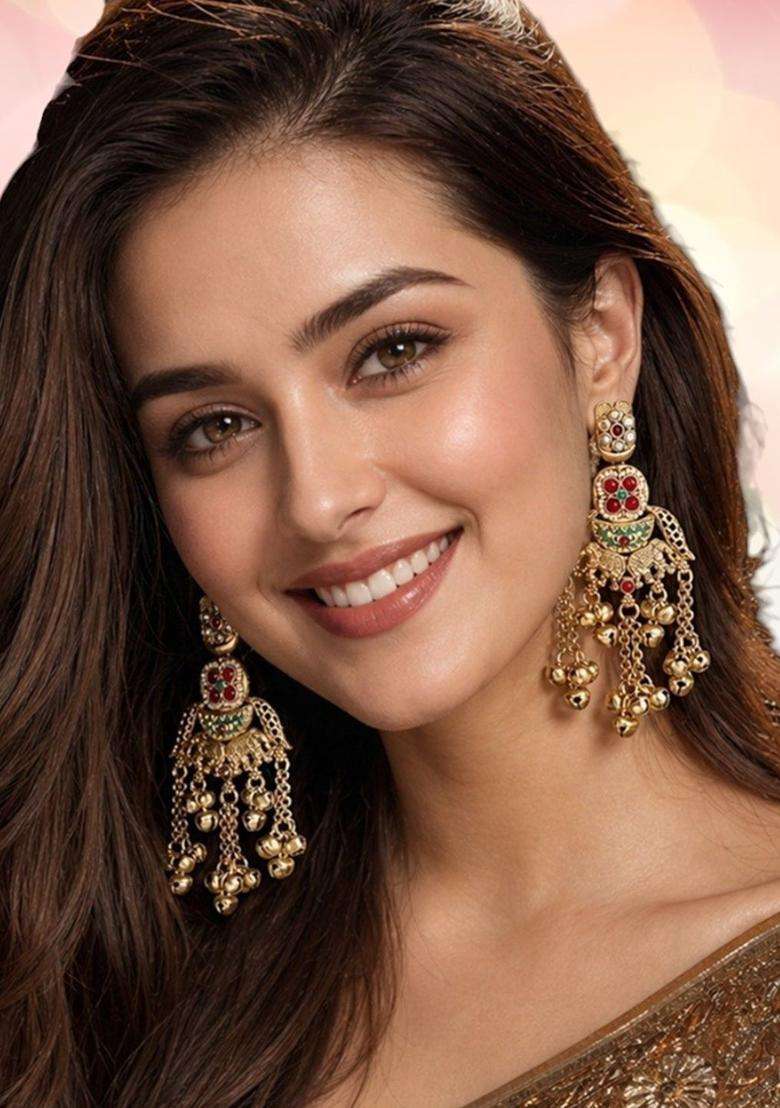 Gold Elephant Design Ghungroo Kashmiri Drop Earrings for Women | Traditional Ethnic Jewellery for Wedding & Festive Wear | Gift for Her - Indya