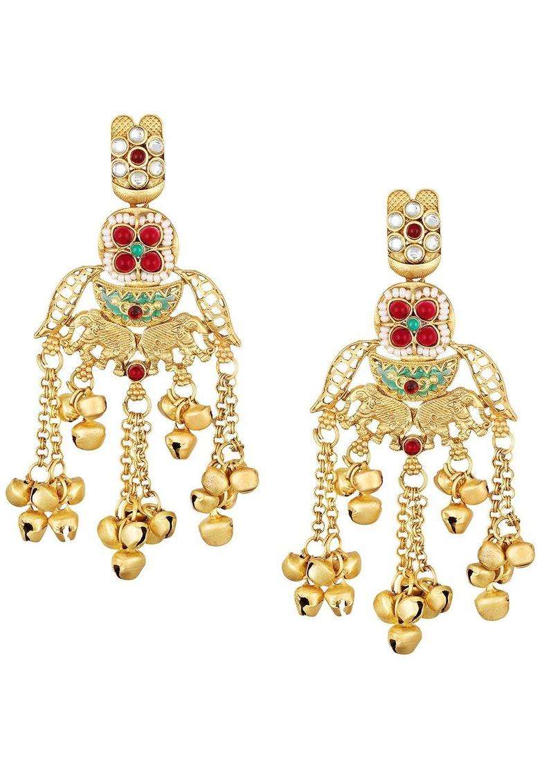 Gold Elephant Design Ghungroo Kashmiri Drop Earrings for Women | Traditional Ethnic Jewellery for Wedding & Festive Wear | Gift for Her - Indya