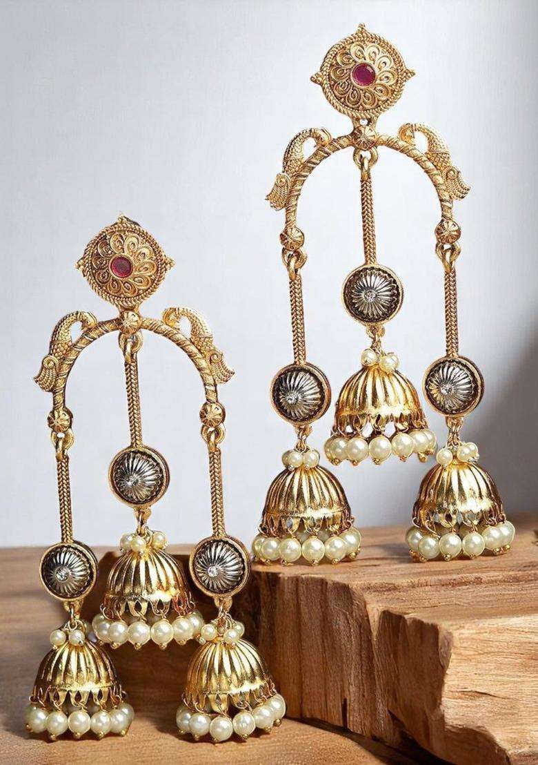 Matte Gold Stone and Beads Long Kashmiri Drop Earrings for Women | Fusion Party & Festive Wear | Gift for Her - Indya