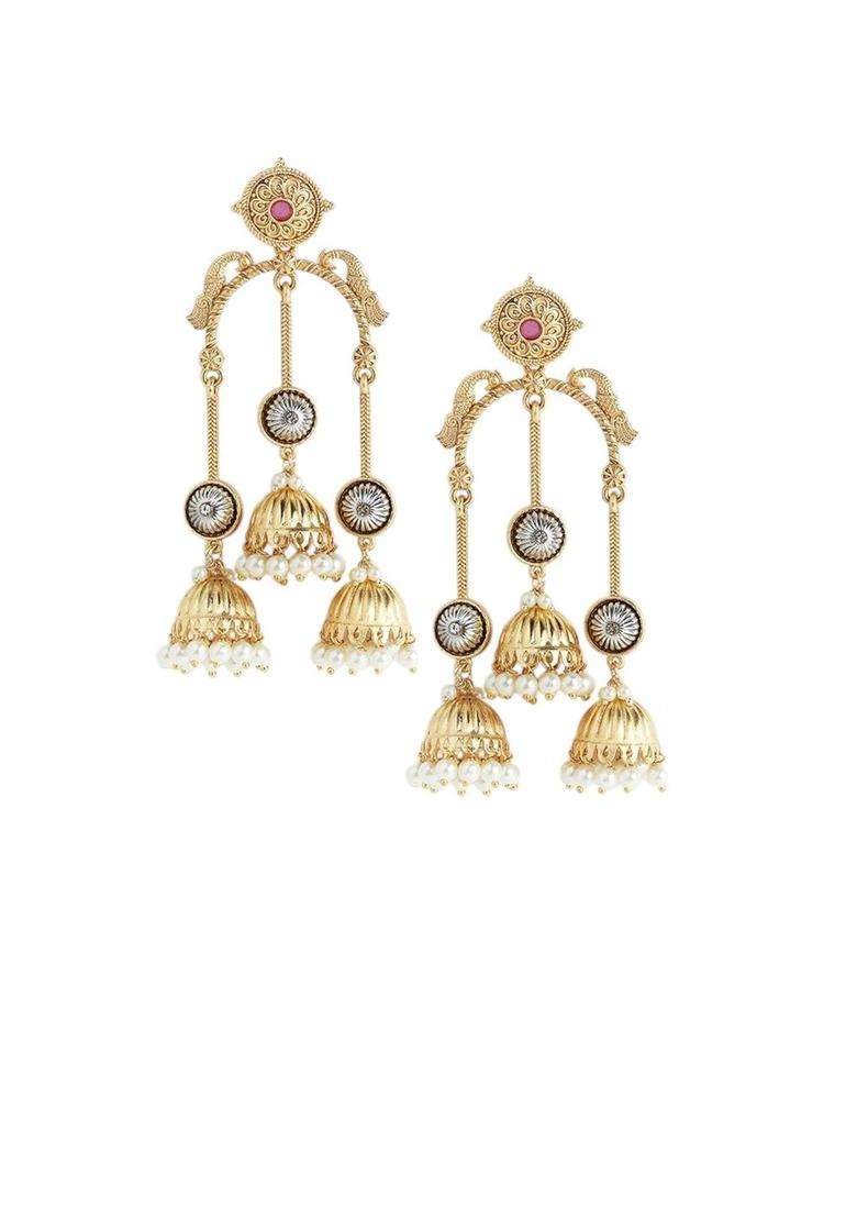 Matte Gold Stone and Beads Long Kashmiri Drop Earrings for Women | Fusion Party & Festive Wear | Gift for Her - Indya