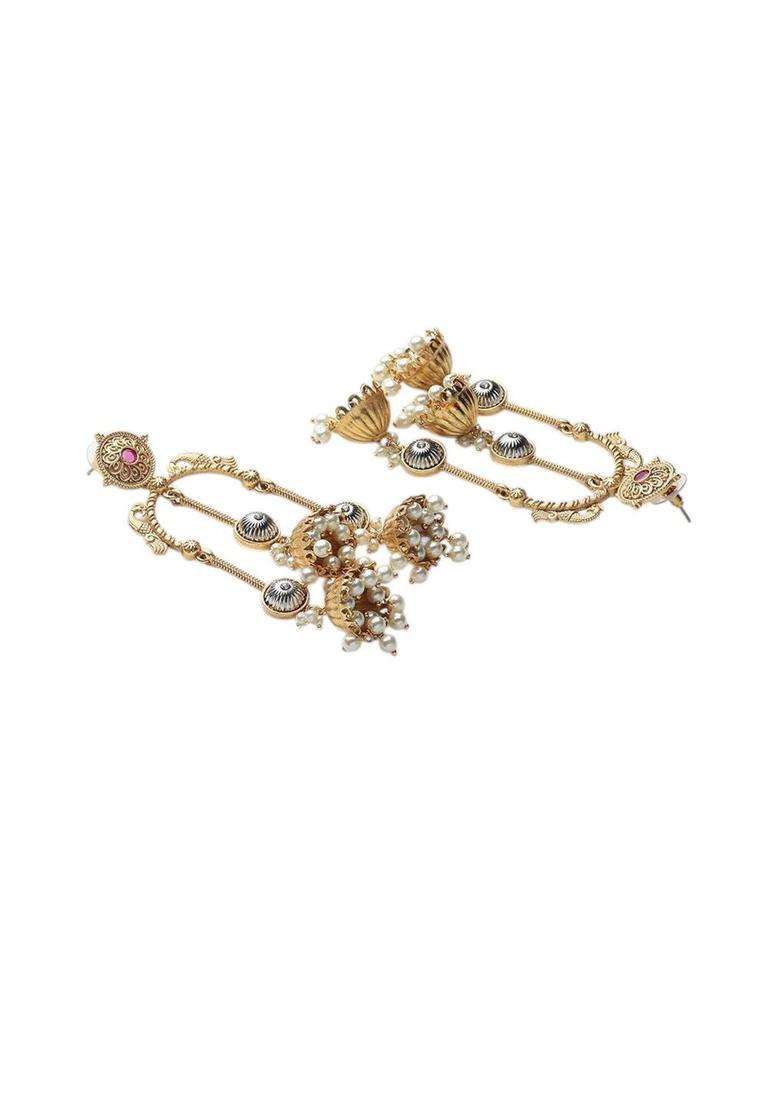 Matte Gold Stone and Beads Long Kashmiri Drop Earrings for Women | Fusion Party & Festive Wear | Gift for Her - Indya