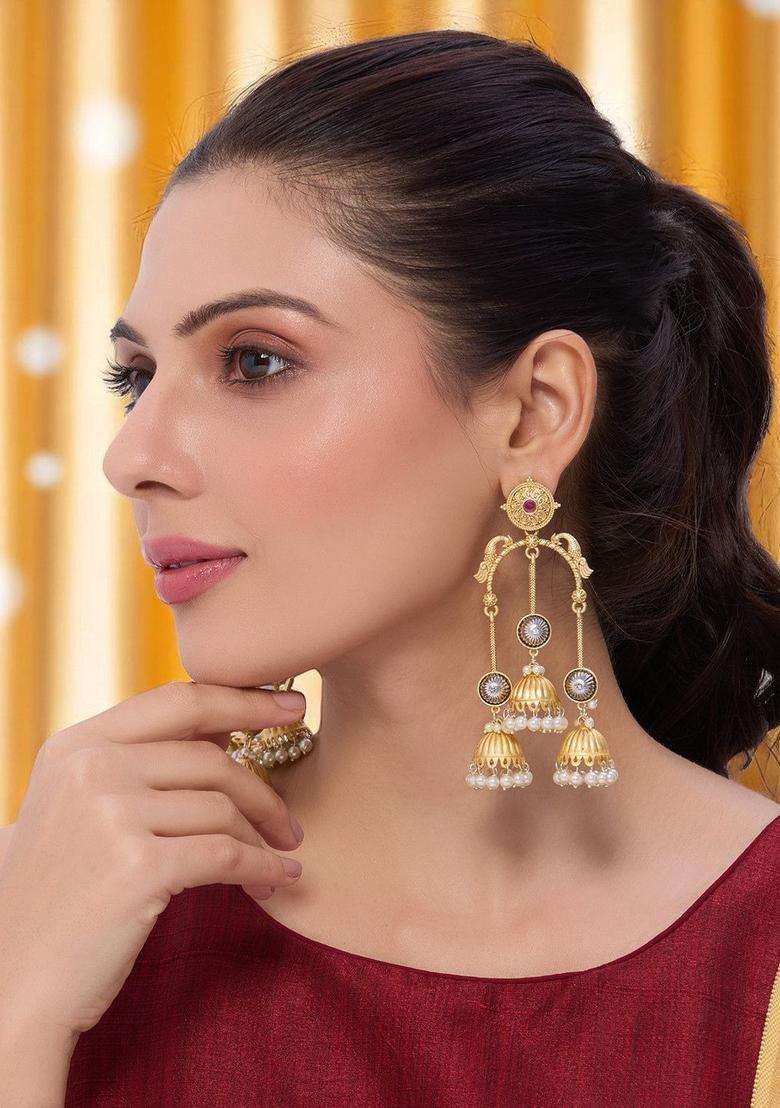 Matte Gold Stone and Beads Long Kashmiri Drop Earrings for Women | Fusion Party & Festive Wear | Gift for Her - Indya