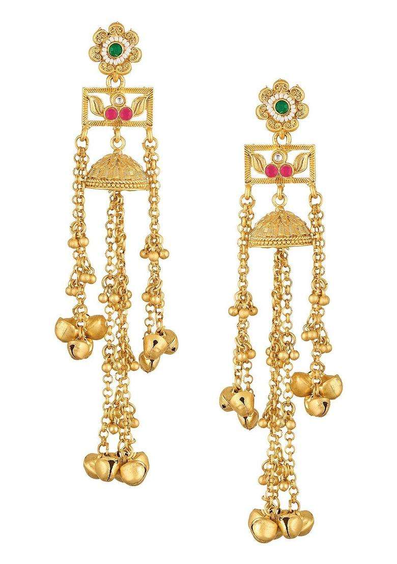 Gold Ghungroo Kashmiri Drop Jhumka Earrings with Kundan for Women | Traditional Ethnic Jewellery for Wedding & Festive Wear | Gift for Her - Indya