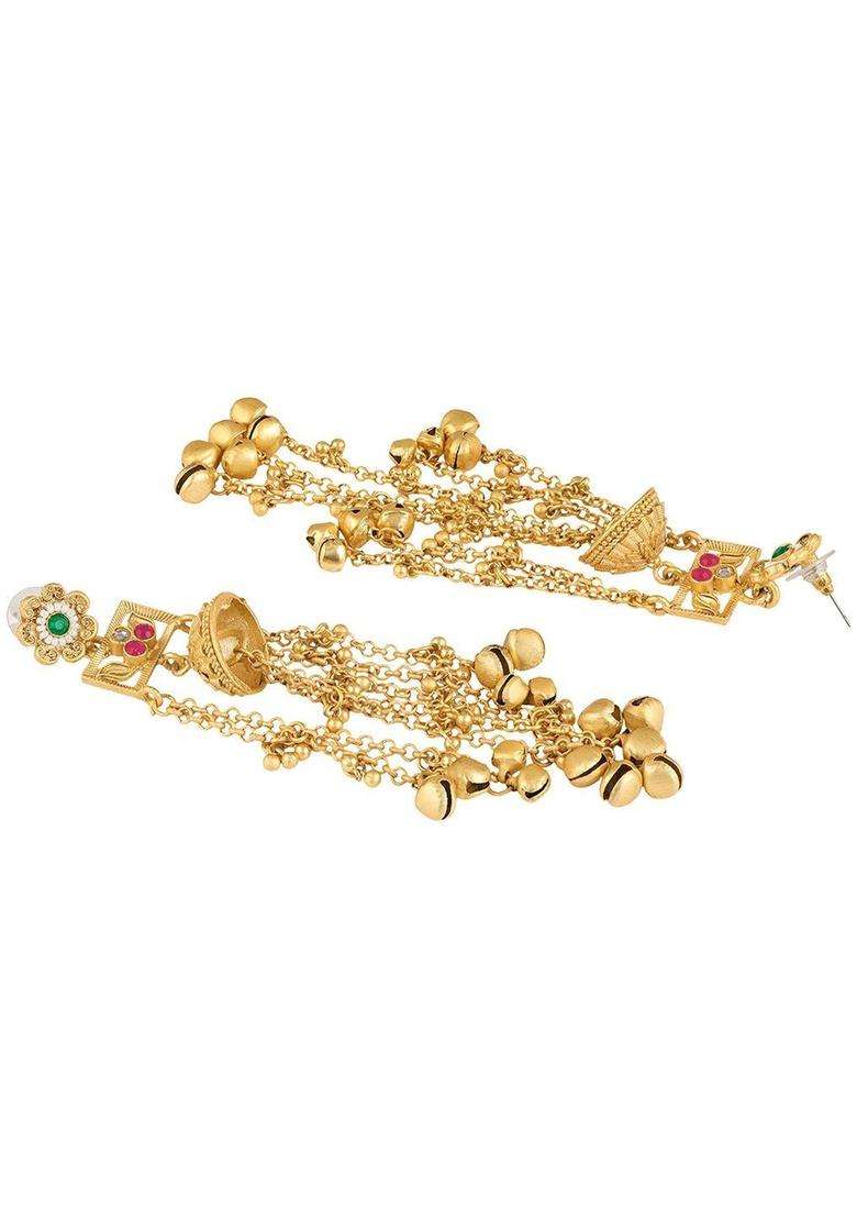 Gold Ghungroo Kashmiri Drop Jhumka Earrings with Kundan for Women | Traditional Ethnic Jewellery for Wedding & Festive Wear | Gift for Her - Indya