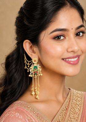 Ghungroo Kashmiri Long Drop Earrings with Hair Kaan Chain with Kundan for Women | Traditional Ethnic Jewellery for Wedding & Festive Wear | Gift for Her