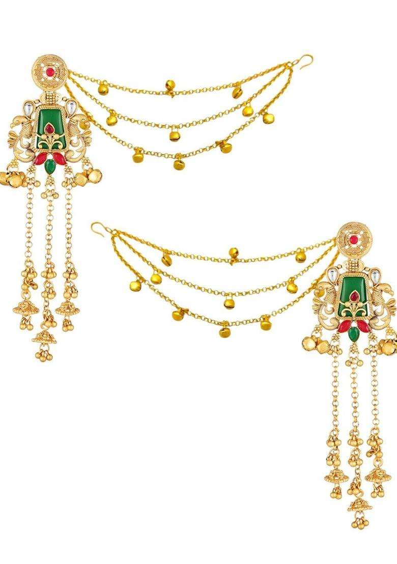 Ghungroo Kashmiri Long Drop Earrings with Hair Kaan Chain with Kundan for Women | Traditional Ethnic Jewellery for Wedding & Festive Wear | Gift for Her - Indya