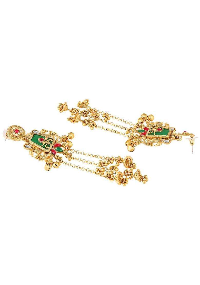 Ghungroo Kashmiri Long Drop Earrings with Hair Kaan Chain with Kundan for Women | Traditional Ethnic Jewellery for Wedding & Festive Wear | Gift for Her - Indya