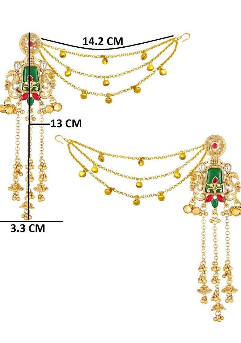 Ghungroo Kashmiri Long Drop Earrings with Hair Kaan Chain with Kundan for Women | Traditional Ethnic Jewellery for Wedding & Festive Wear | Gift for Her - Indya