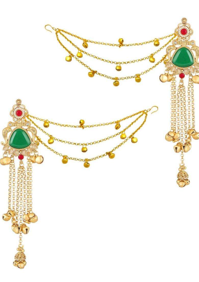 Floral Design Ghungroo Detailing Long Kashmiri Drop Earrings with Hair Kaan Chain with Kundan for Women | Traditional Ethnic Jewellery for Wedding & Festive Wear | Gift for Her - Indya