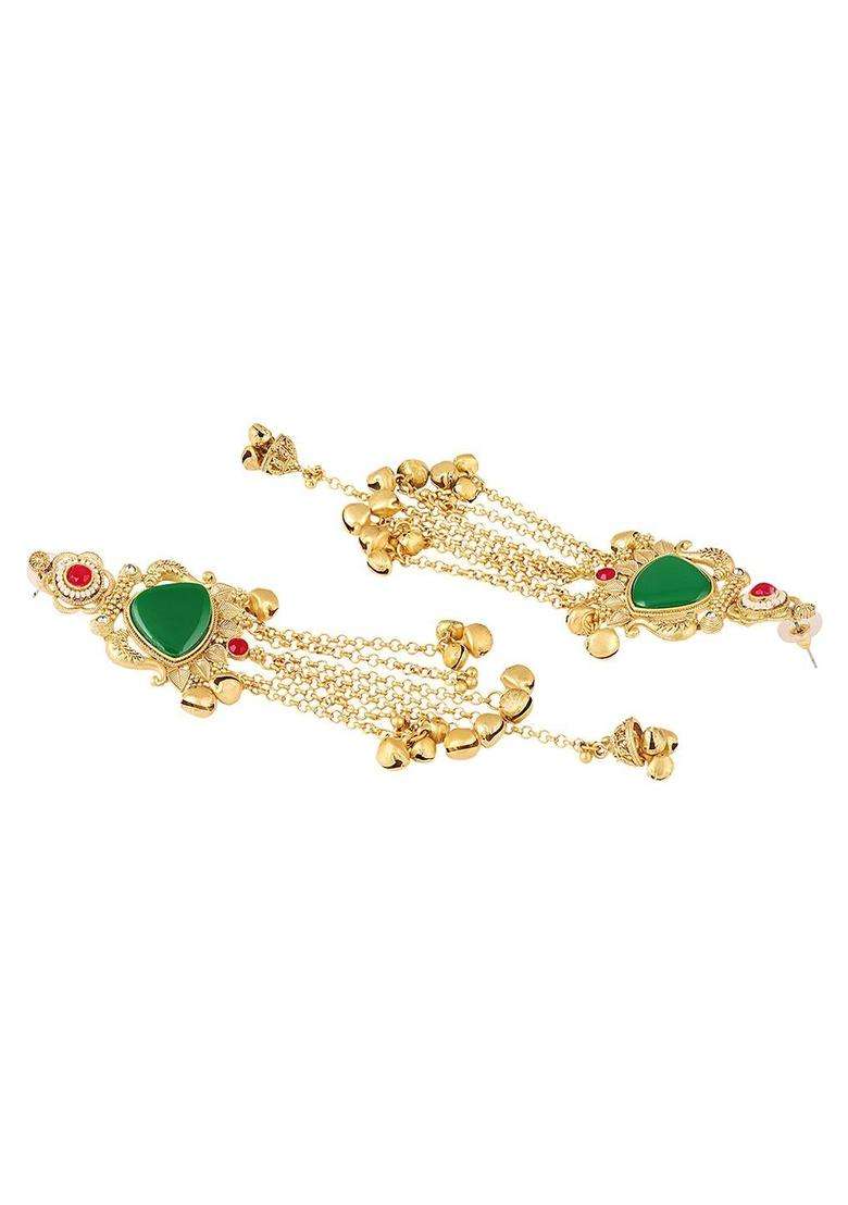 Floral Design Ghungroo Detailing Long Kashmiri Drop Earrings with Hair Kaan Chain with Kundan for Women | Traditional Ethnic Jewellery for Wedding & Festive Wear | Gift for Her - Indya