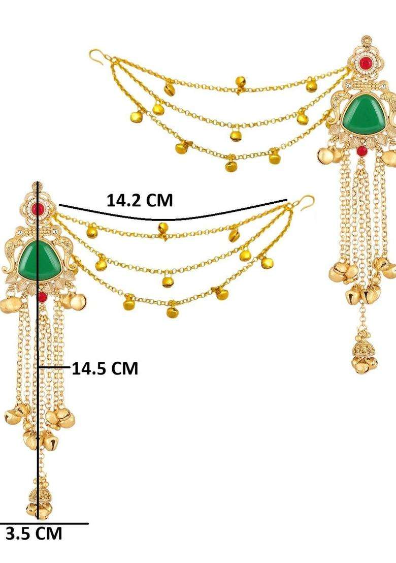 Floral Design Ghungroo Detailing Long Kashmiri Drop Earrings with Hair Kaan Chain with Kundan for Women | Traditional Ethnic Jewellery for Wedding & Festive Wear | Gift for Her - Indya