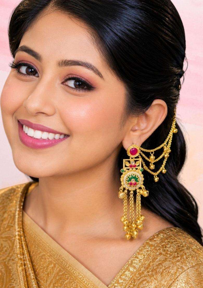 Floral Design Ghungroo Detailing Long Kashmiri Drop Earrings with Hair Kaan Chain with Kundan for Women | Traditional Ethnic Jewellery for Wedding & Festive Wear | Gift for Her - Indya