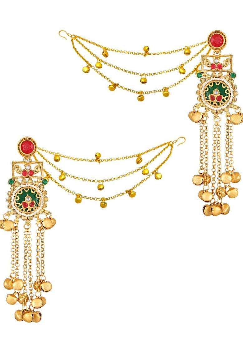Floral Design Ghungroo Detailing Long Kashmiri Drop Earrings with Hair Kaan Chain with Kundan for Women | Traditional Ethnic Jewellery for Wedding & Festive Wear | Gift for Her - Indya