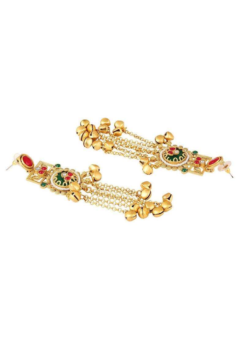 Floral Design Ghungroo Detailing Long Kashmiri Drop Earrings with Hair Kaan Chain with Kundan for Women | Traditional Ethnic Jewellery for Wedding & Festive Wear | Gift for Her - Indya