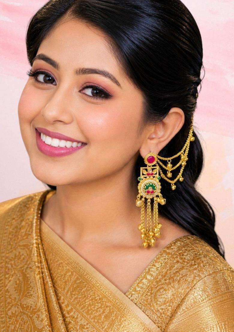 Floral Design Ghungroo Detailing Long Kashmiri Drop Earrings with Hair Kaan Chain with Kundan for Women | Traditional Ethnic Jewellery for Wedding & Festive Wear | Gift for Her - Indya