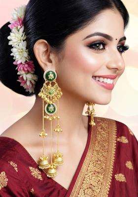 Green Ghungroo Kashmiri Long Drop Jhumka Earrings with Kundan for Women | Traditional Ethnic Jewellery for Wedding & Festive Wear | Gift for Her