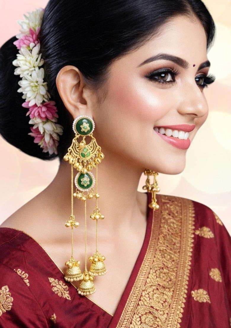 Green Ghungroo Kashmiri Long Drop Jhumka Earrings with Kundan for Women | Traditional Ethnic Jewellery for Wedding & Festive Wear | Gift for Her - Indya