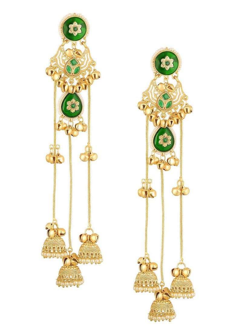 Green Ghungroo Kashmiri Long Drop Jhumka Earrings with Kundan for Women | Traditional Ethnic Jewellery for Wedding & Festive Wear | Gift for Her - Indya