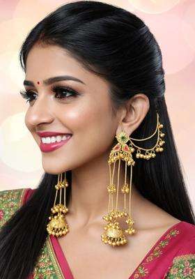 Long Ghungroo Kashmiri Drop Earrings with Hair Kaan Chain with Kundan for Women | Traditional Ethnic Jewellery for Wedding & Festive Wear | Gift for Her