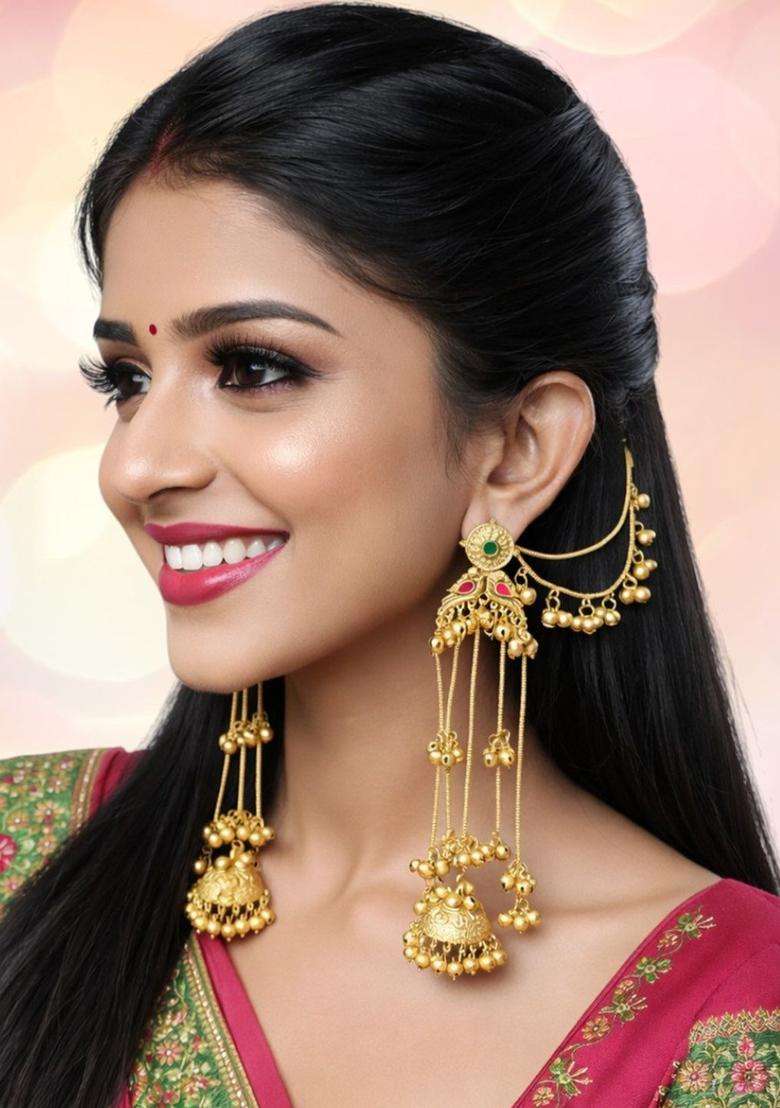 Long Ghungroo Kashmiri Drop Earrings with Hair Kaan Chain with Kundan for Women | Traditional Ethnic Jewellery for Wedding & Festive Wear | Gift for Her - Indya