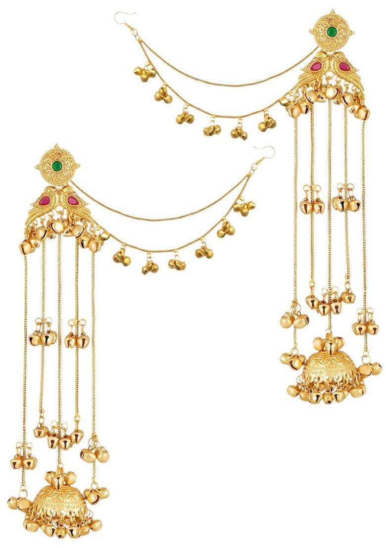 Long Ghungroo Kashmiri Drop Earrings with Hair Kaan Chain with Kundan for Women | Traditional Ethnic Jewellery for Wedding & Festive Wear | Gift for Her - Indya
