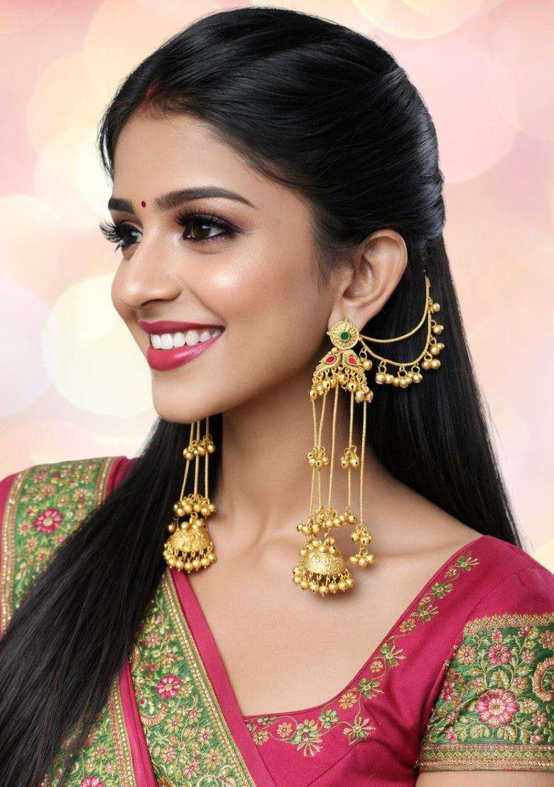 Long Ghungroo Kashmiri Drop Earrings with Hair Kaan Chain with Kundan for Women | Traditional Ethnic Jewellery for Wedding & Festive Wear | Gift for Her - Indya