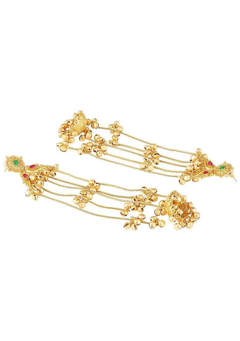 Long Ghungroo Kashmiri Drop Earrings with Hair Kaan Chain with Kundan for Women | Traditional Ethnic Jewellery for Wedding & Festive Wear | Gift for Her - Indya