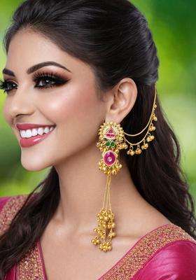 Floral Design Ghungroo Detailing Long Kashmiri Drop Earrings with Hair Kaan Chain with Kundan for Women | Traditional Ethnic Jewellery for Wedding & Festive Wear | Gift for Her