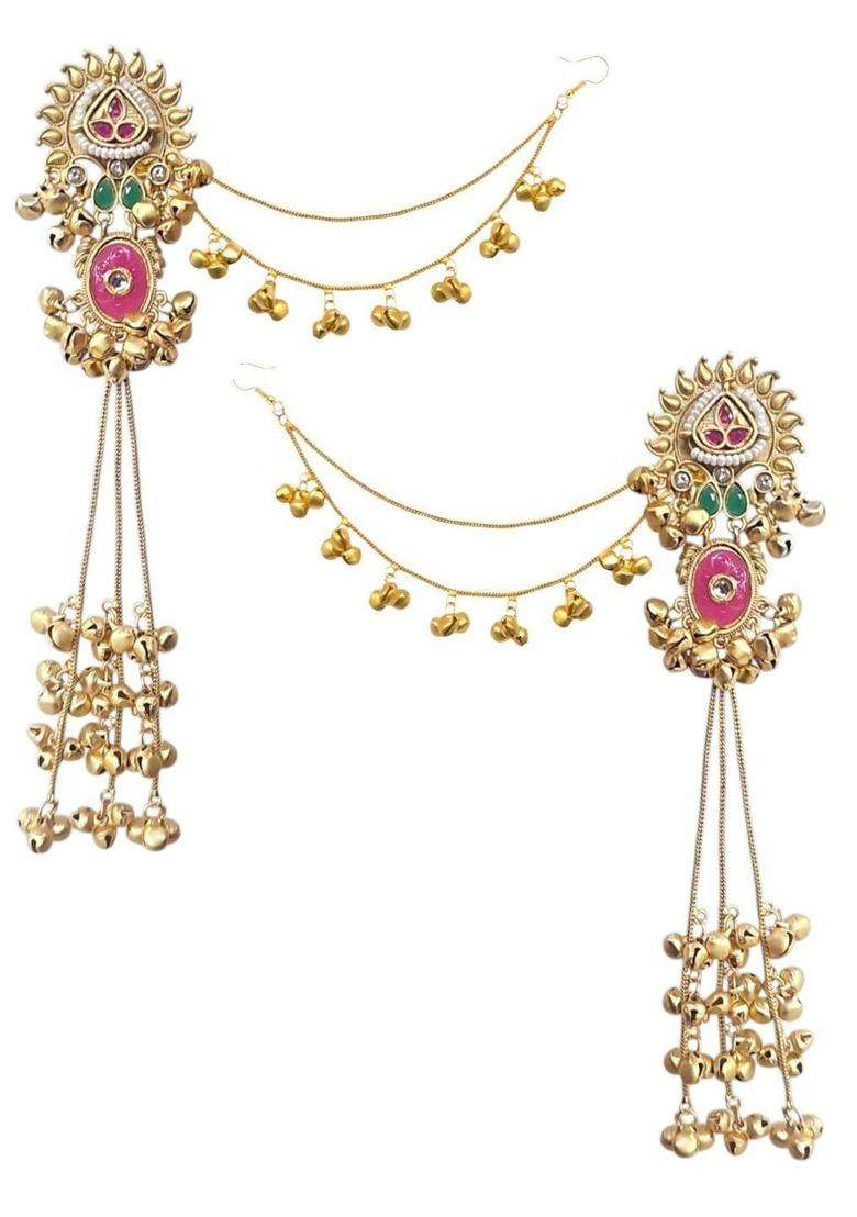 Floral Design Ghungroo Detailing Long Kashmiri Drop Earrings with Hair Kaan Chain with Kundan for Women | Traditional Ethnic Jewellery for Wedding & Festive Wear | Gift for Her - Indya