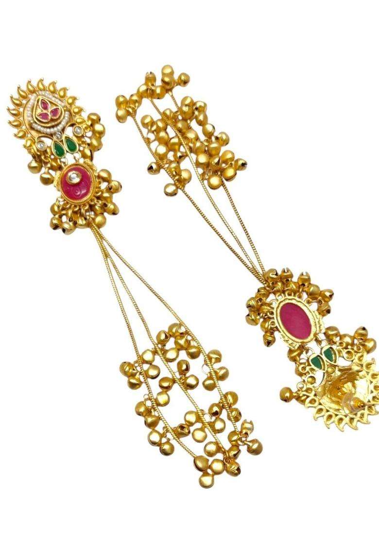 Floral Design Ghungroo Detailing Long Kashmiri Drop Earrings with Hair Kaan Chain with Kundan for Women | Traditional Ethnic Jewellery for Wedding & Festive Wear | Gift for Her - Indya