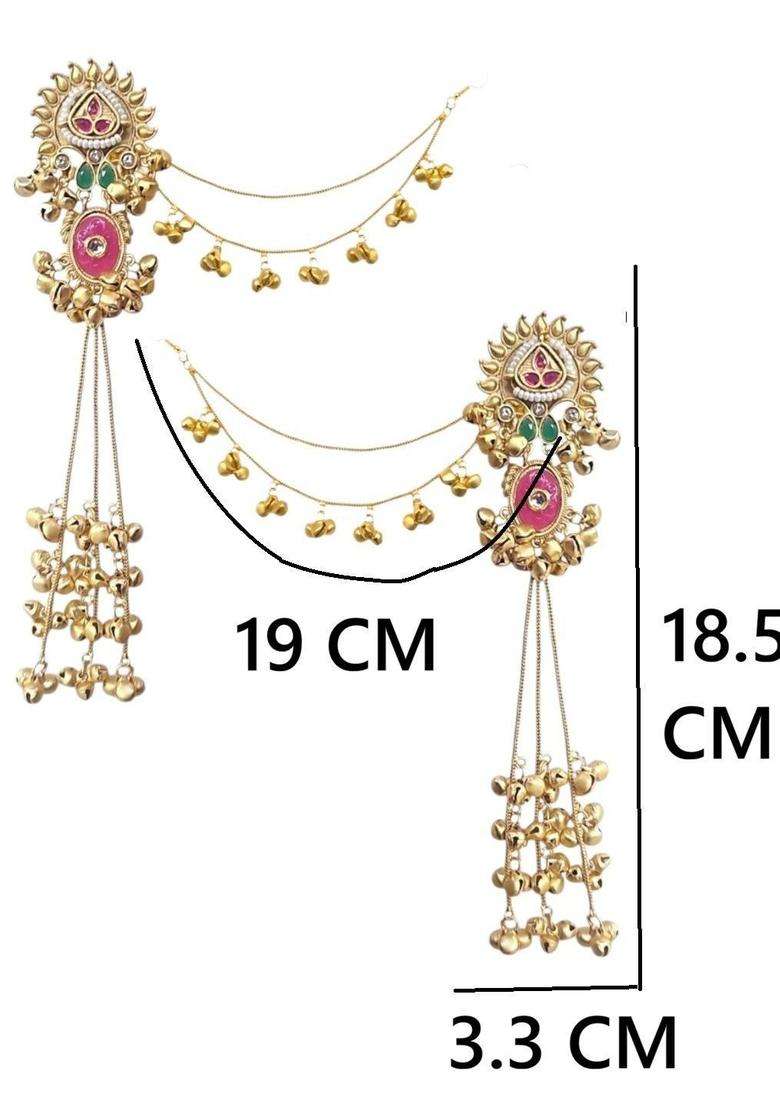 Floral Design Ghungroo Detailing Long Kashmiri Drop Earrings with Hair Kaan Chain with Kundan for Women | Traditional Ethnic Jewellery for Wedding & Festive Wear | Gift for Her - Indya