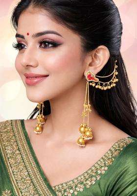 Long Kashmiri Ghungroo Drop Earrings with Hair Kaan Chain with Kundan for Women | Traditional Ethnic Jewellery for Wedding & Festive Wear | Gift for Her