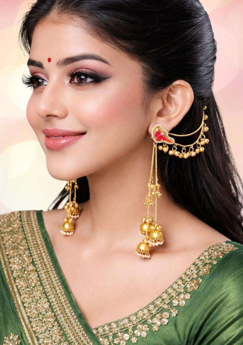 Long Kashmiri Ghungroo Drop Earrings with Hair Kaan Chain with Kundan for Women | Traditional Ethnic Jewellery for Wedding & Festive Wear | Gift for Her - Indya