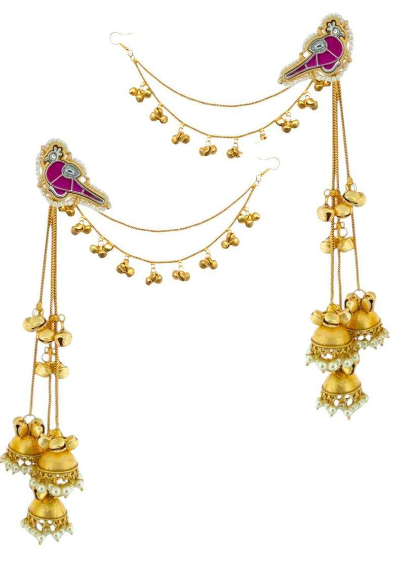 Long Kashmiri Ghungroo Drop Earrings with Hair Kaan Chain with Kundan for Women | Traditional Ethnic Jewellery for Wedding & Festive Wear | Gift for Her - Indya