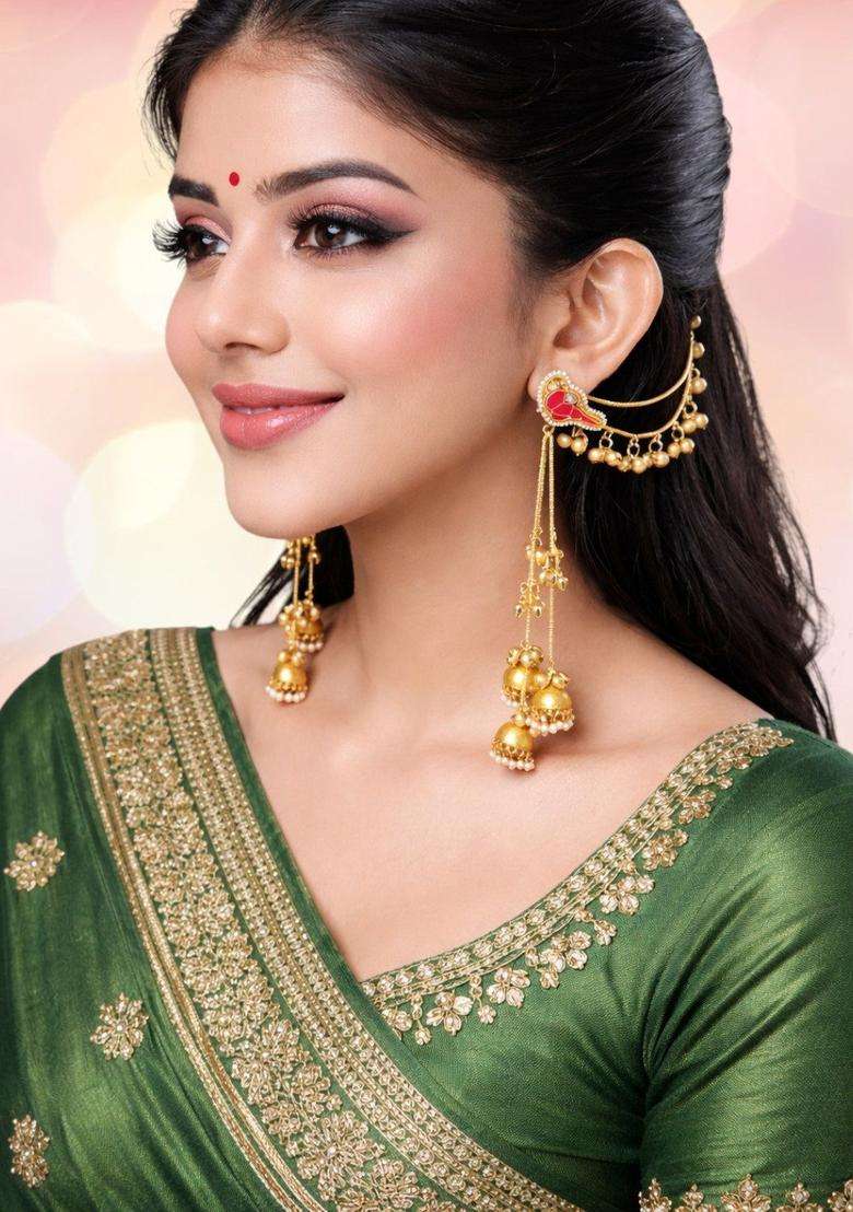 Long Kashmiri Ghungroo Drop Earrings with Hair Kaan Chain with Kundan for Women | Traditional Ethnic Jewellery for Wedding & Festive Wear | Gift for Her - Indya