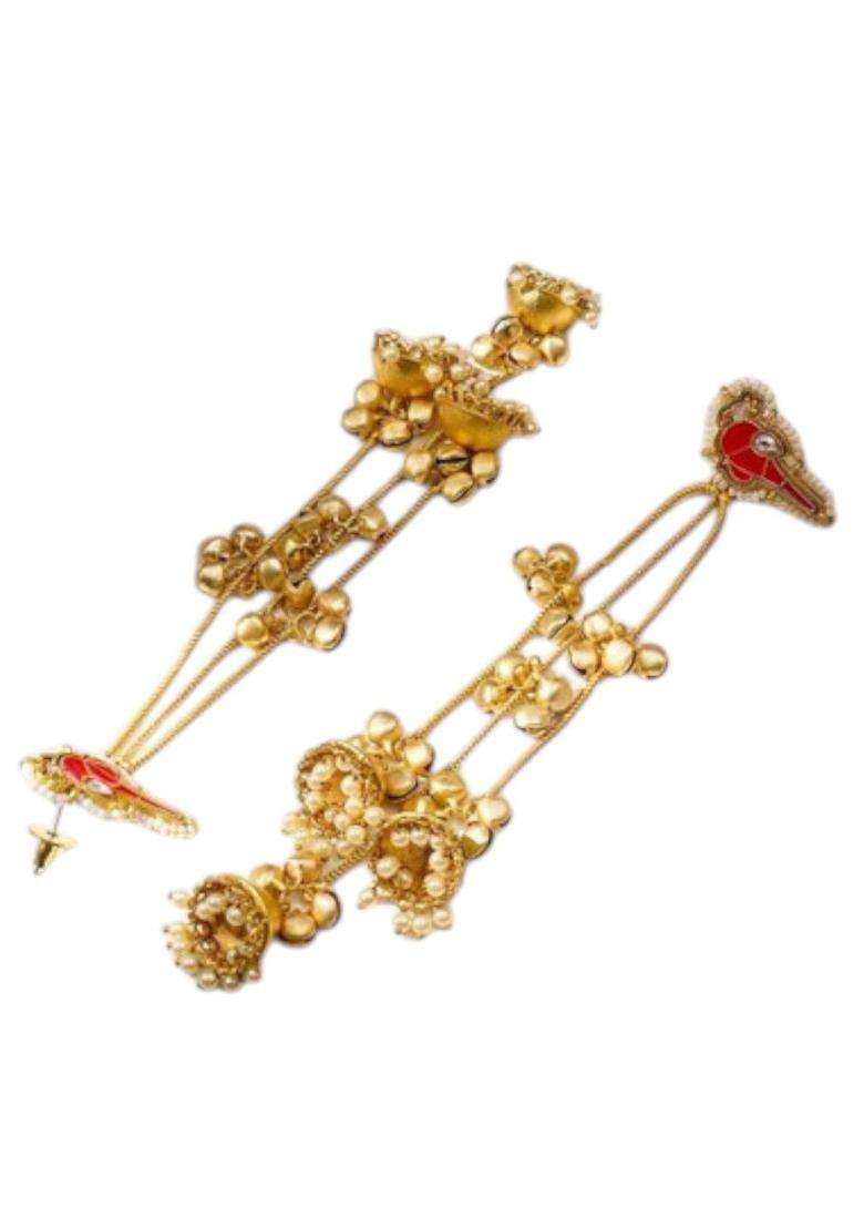 Long Kashmiri Ghungroo Drop Earrings with Hair Kaan Chain with Kundan for Women | Traditional Ethnic Jewellery for Wedding & Festive Wear | Gift for Her - Indya