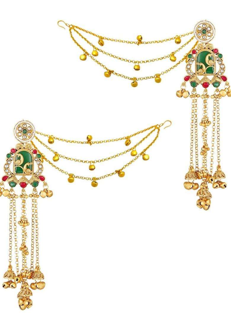 Ghungroo Detailing Long Kashmiri Drop Earrings with Hair Kaan Chain with Kundan for Women | Traditional Ethnic Jewellery for Wedding & Festive Wear | Gift for Her - Indya