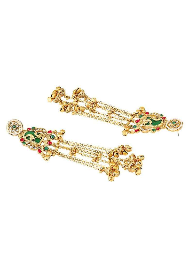 Ghungroo Detailing Long Kashmiri Drop Earrings with Hair Kaan Chain with Kundan for Women | Traditional Ethnic Jewellery for Wedding & Festive Wear | Gift for Her - Indya